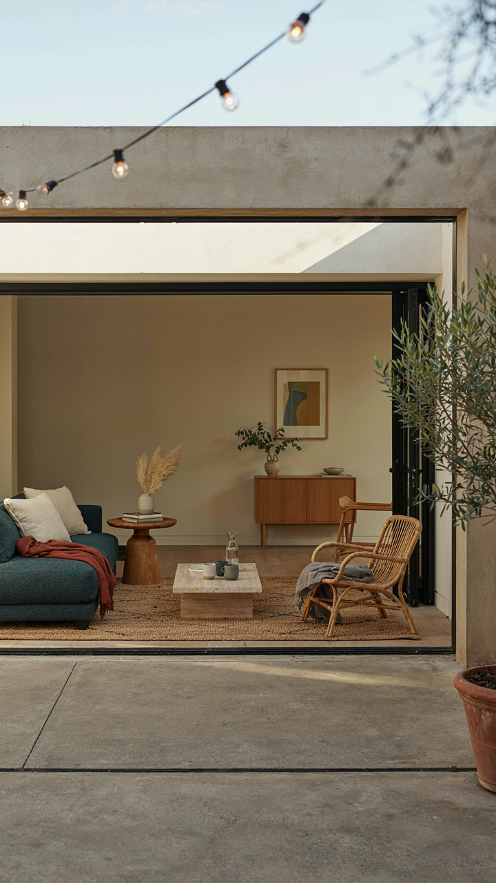 A covered patio with outdoor furniture connects to an indoor living area.
