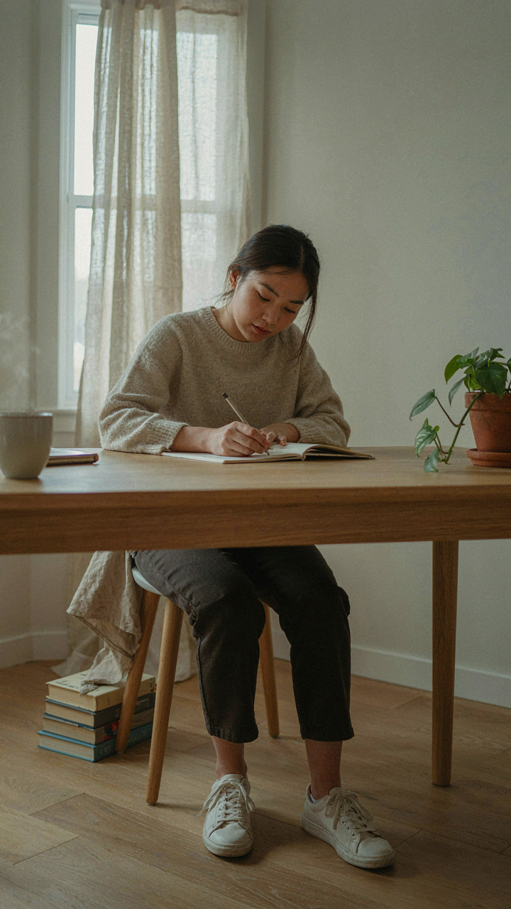 A person deeply focused on a creative task in an organized studio.