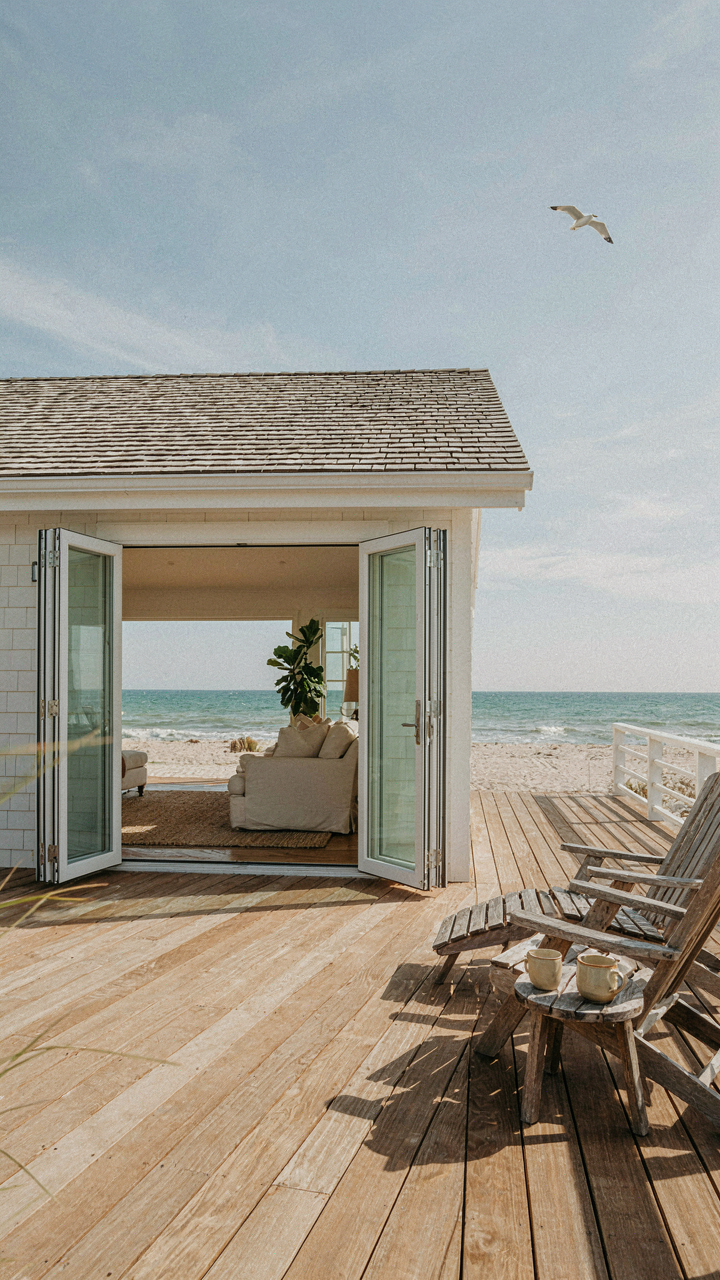 A small beach home with bifold doors opening to a deck.