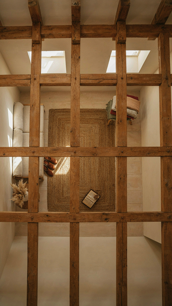 An overhead view showing a grid of wooden ceiling beams in a room.