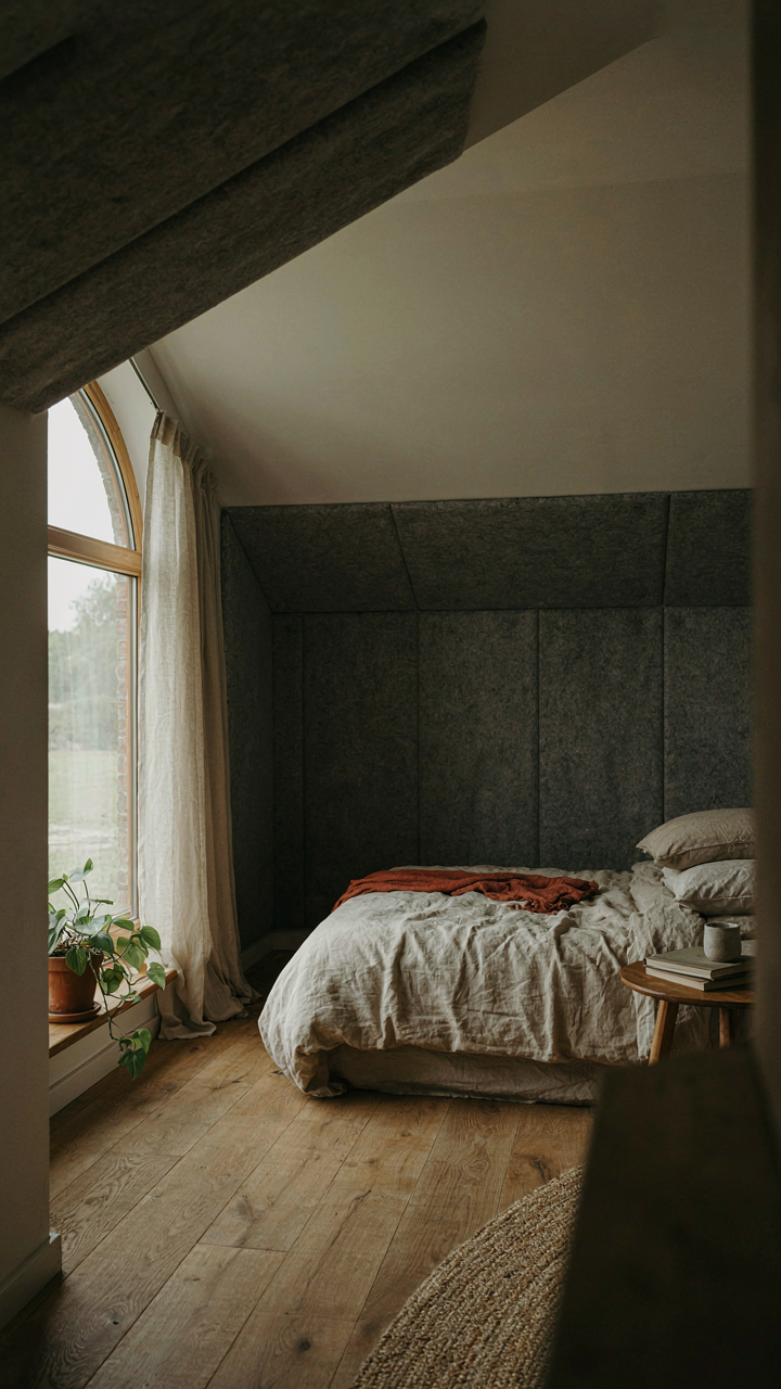 A barn loft bedroom has fabric-wrapped panels for sound absorption on the ceiling.