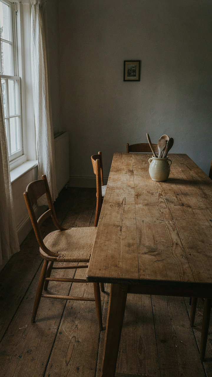 A rustic wooden table with a simple rush-seat chair in a kitchen.
