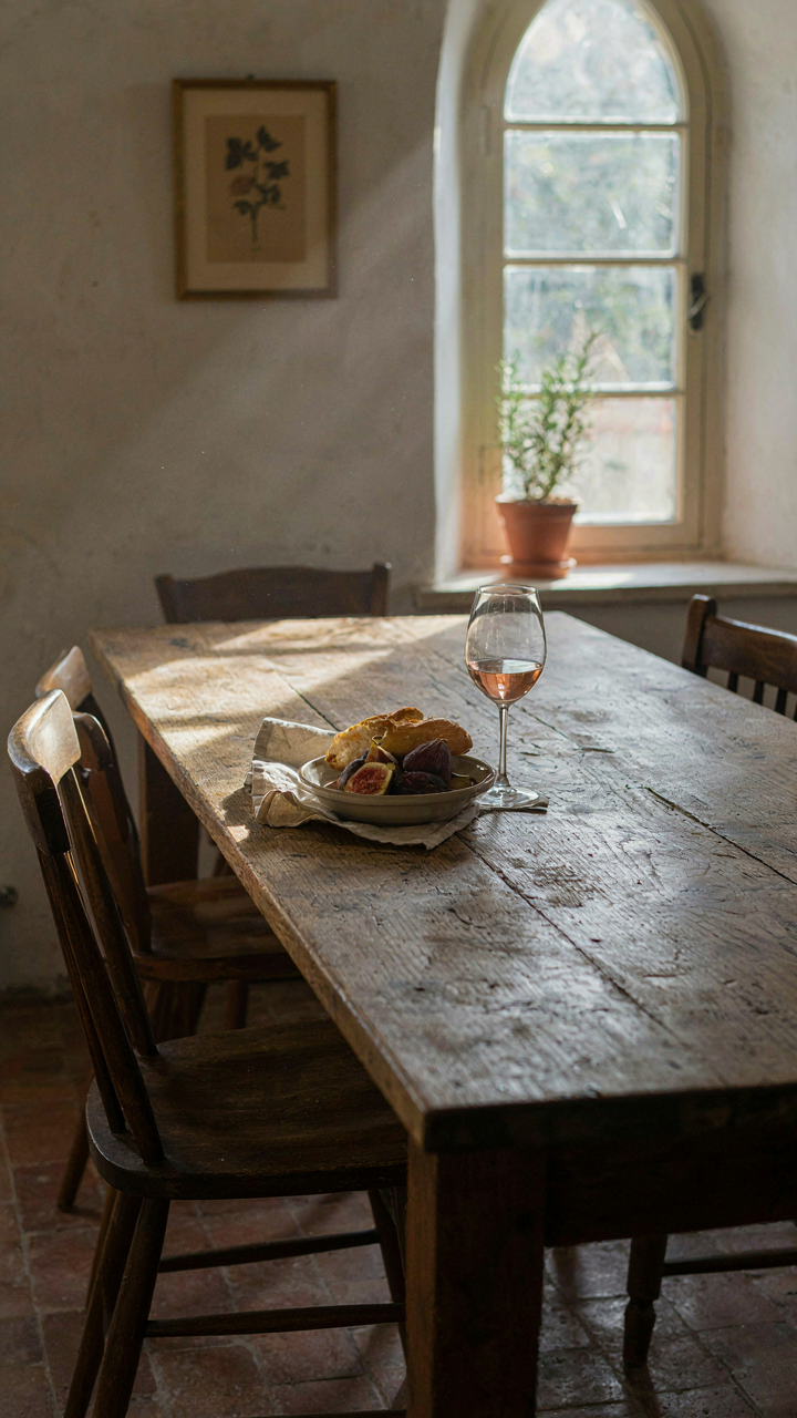 A well-worn farmhouse table inside a French country cottage, showing age and use.