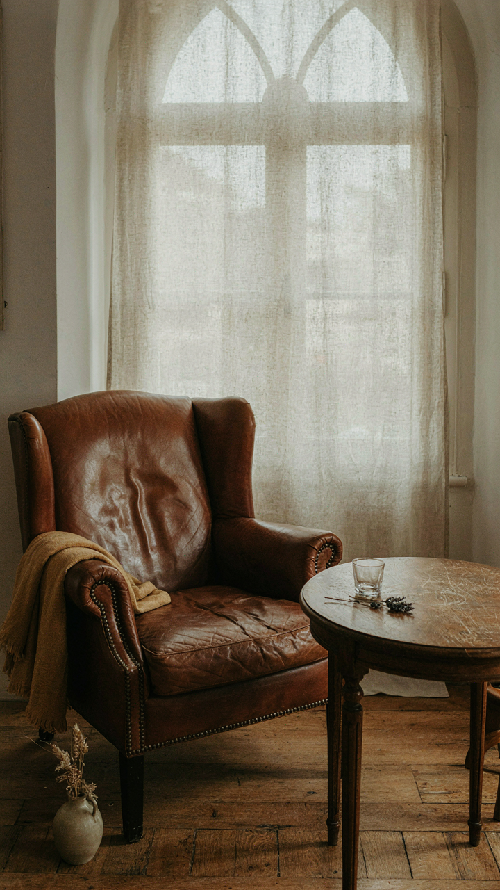 Close-up of a well-worn leather wingback chair, showing age and character.