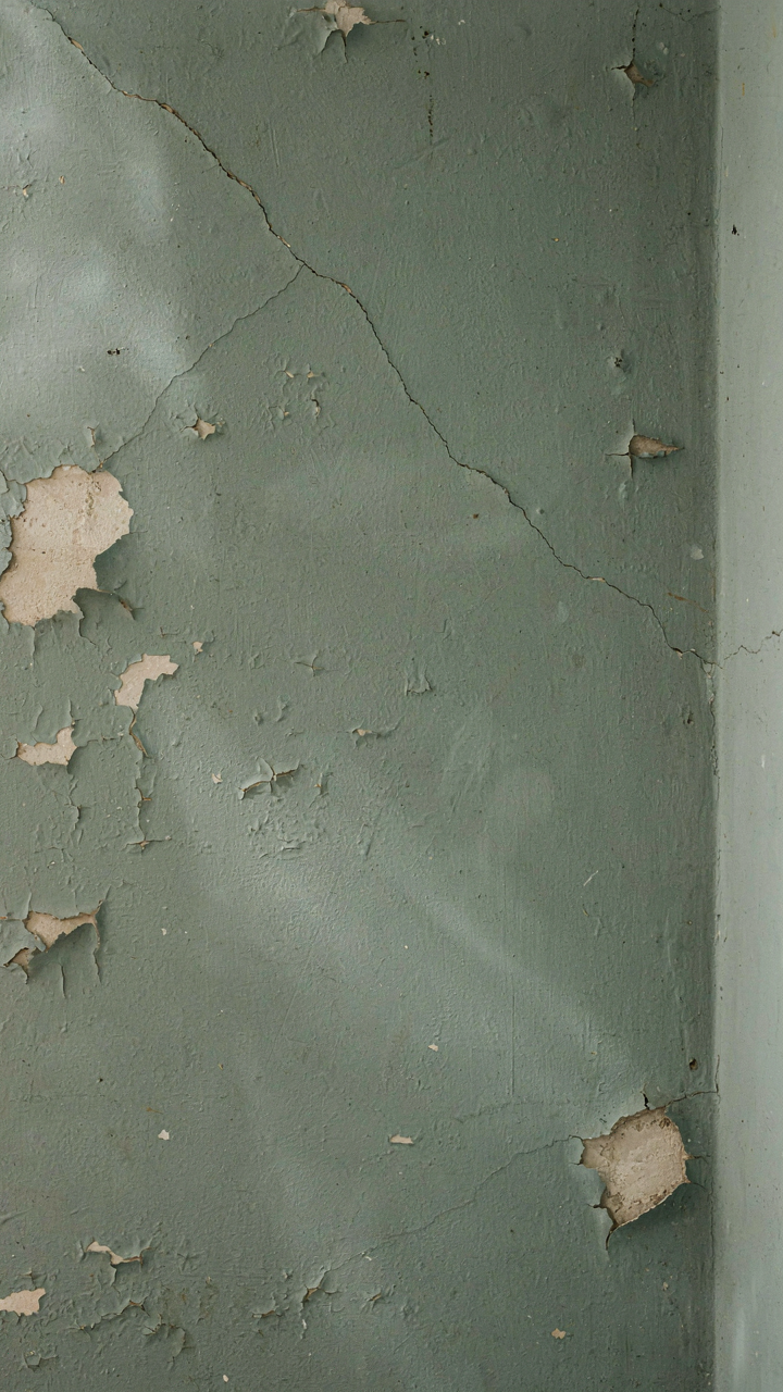 Peeling sage green paint on an old plaster wall shows layers underneath.