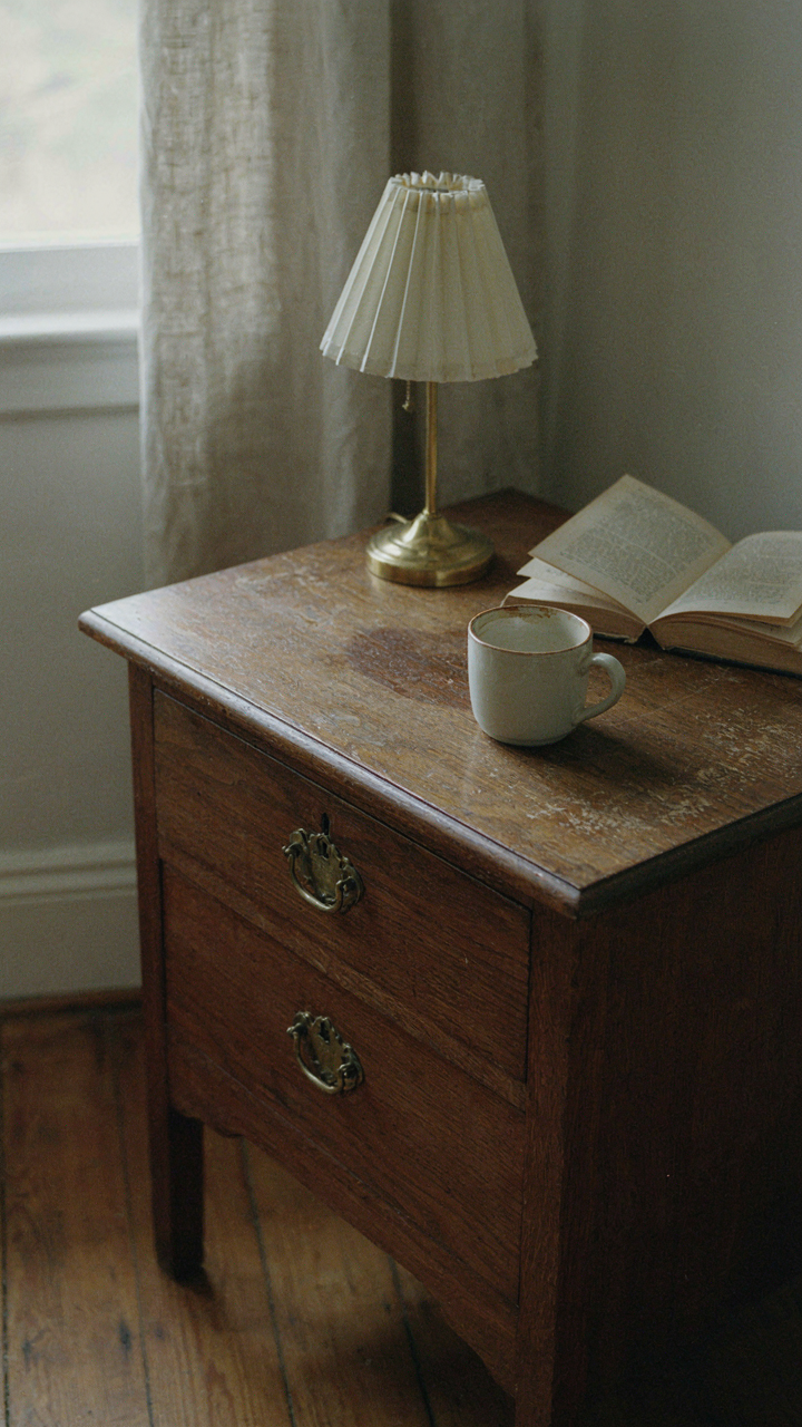 A vintage walnut nightstand showing authentic, uneven wear from years of use.
