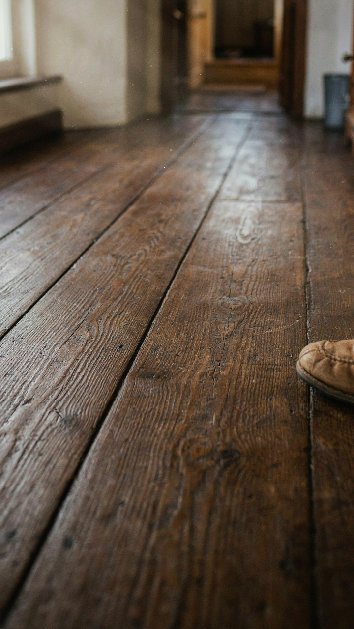 Close up of dark, worn wooden floorboards with rich patina in a cottage.