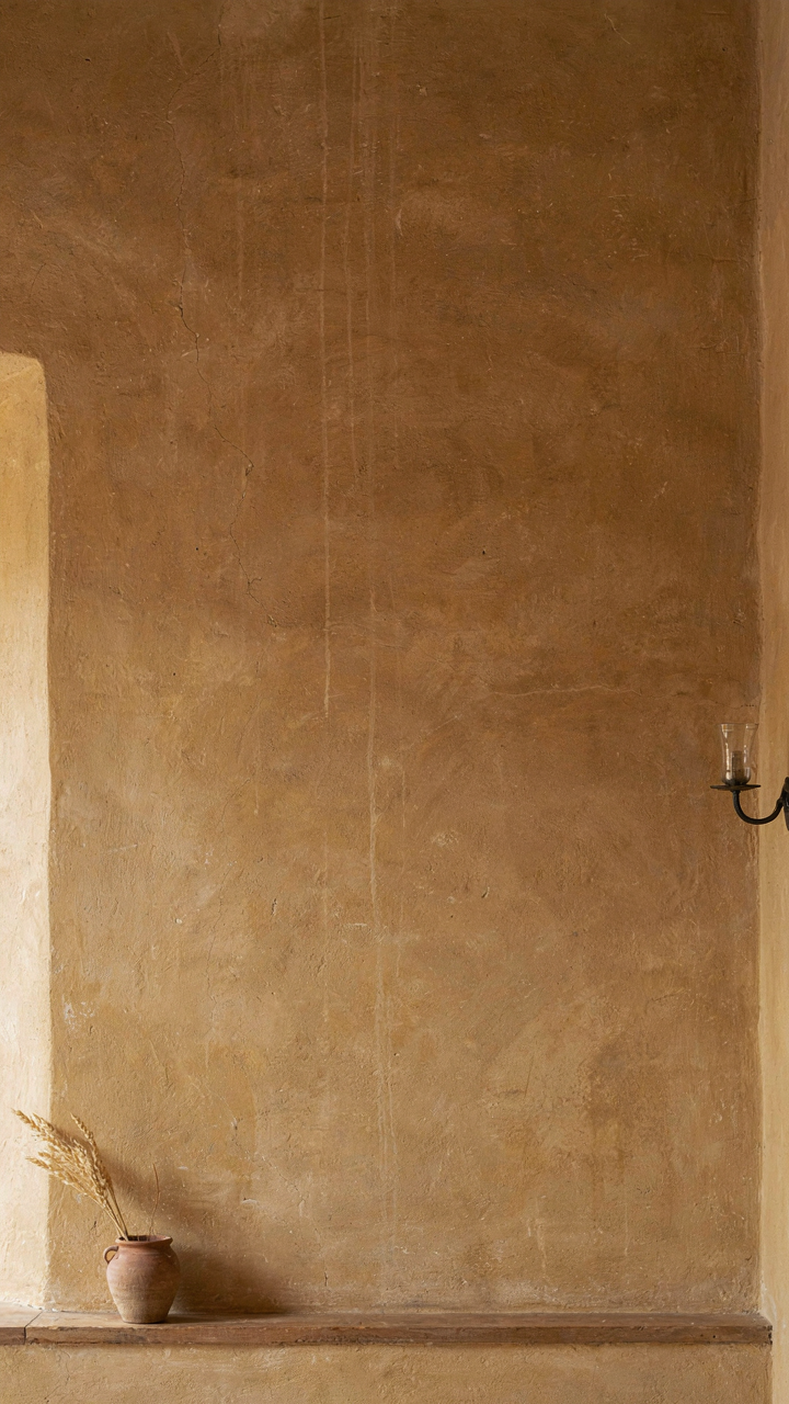 An interior wall of a French cottage painted with natural ochre pigment.