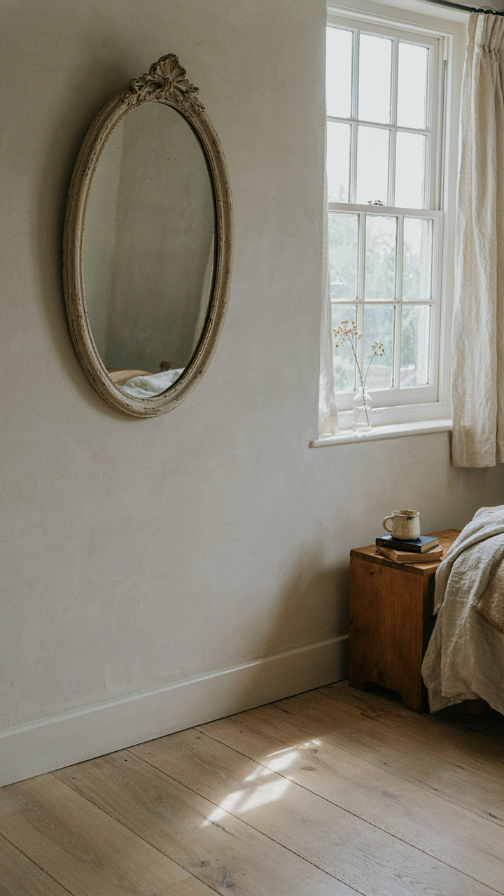 An antique mirror reflecting light in a small farmhouse bedroom.