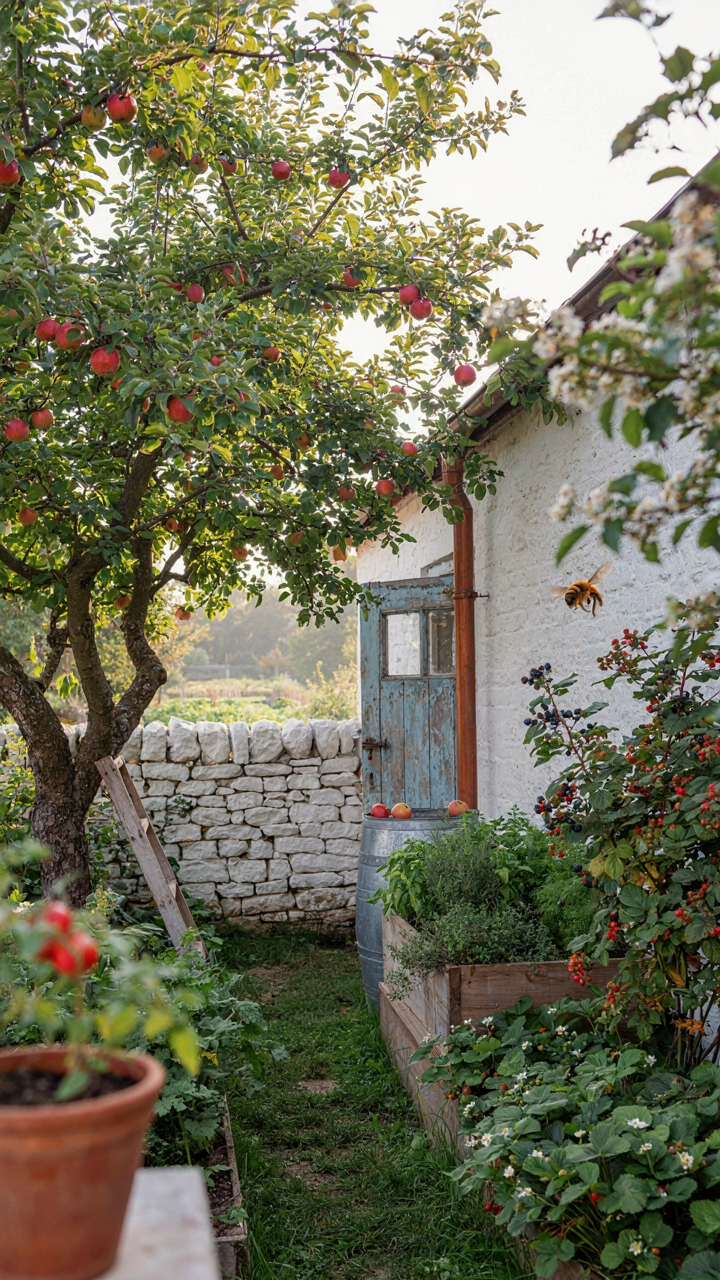 A lush cottagecore garden features apple trees, berries, herbs, and a rain barrel.