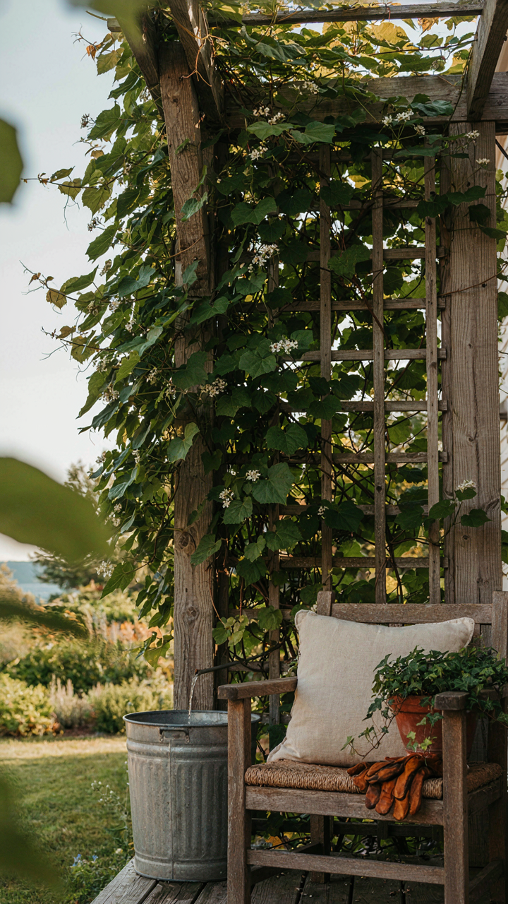 A climbing vine on a trellis shades a porch chair, with a rain barrel below.