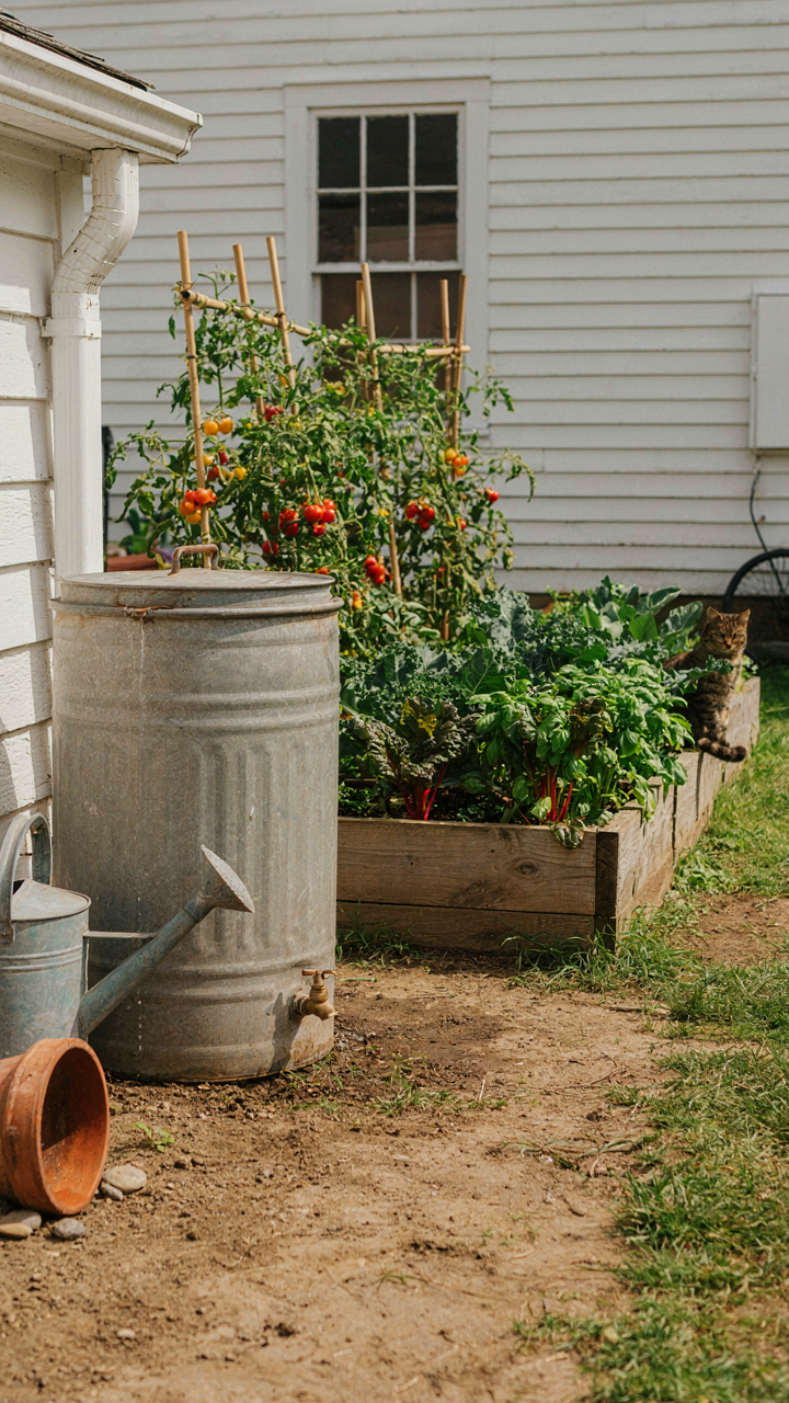 A rain barrel collects water from a farmhouse gutter, next to a kitchen garden.