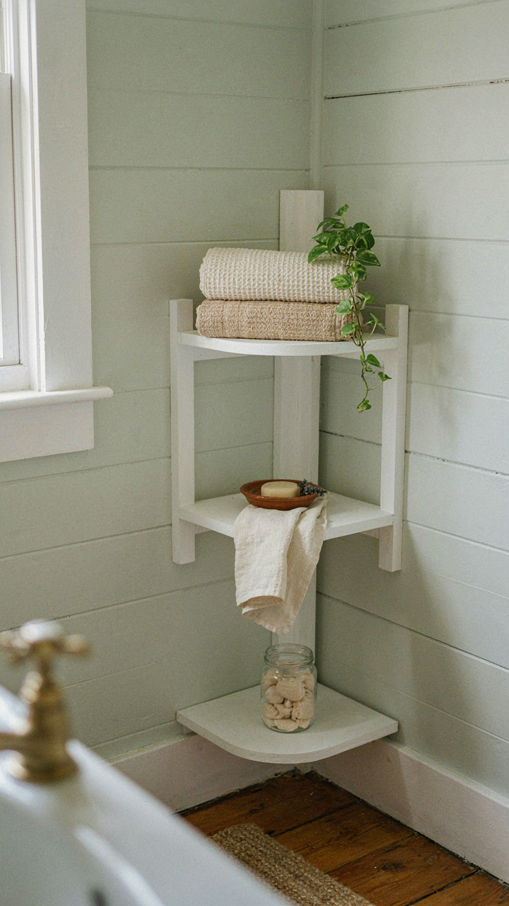 A corner shelving unit holding towels and products in a small bathroom.