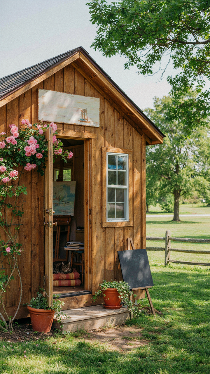 A personalized entrance to a she shed on a budget with a unique sign.