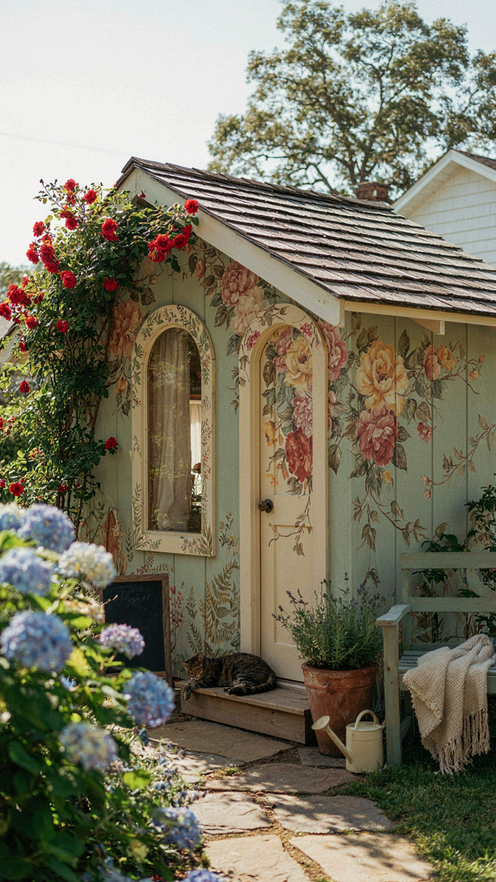 A custom-painted she shed reflecting personal style and she shed paint colors.