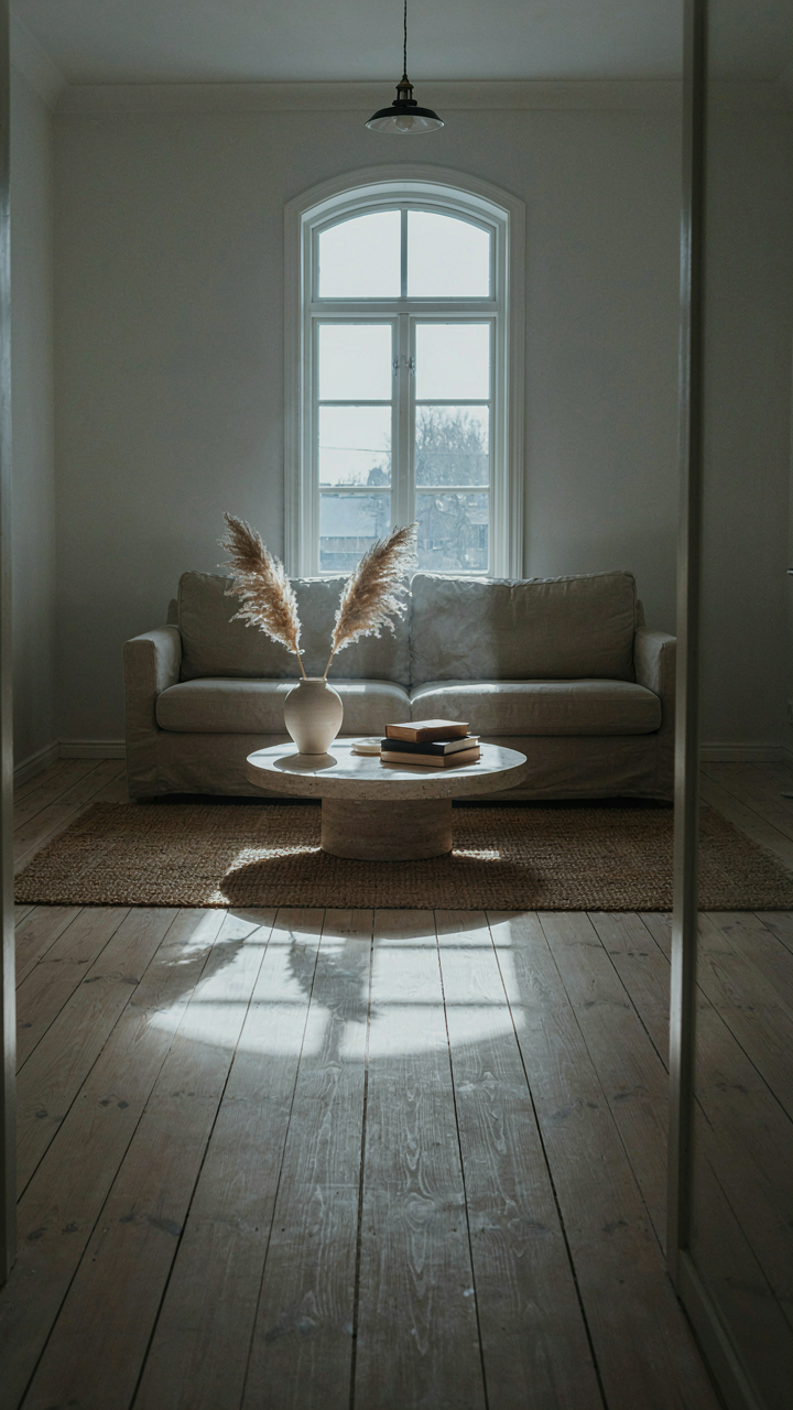 A spotlight shines brightly on the empty living room of a cozy nordic cottage.