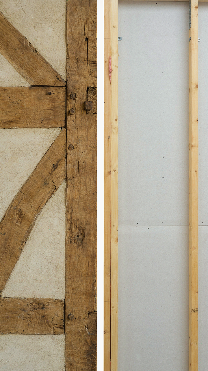 A cross-section shows sturdy oak timbers in a load-bearing wall.