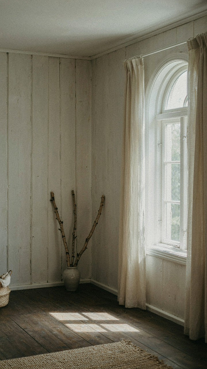 A swedish summer house room with white timber walls and a dark floor.