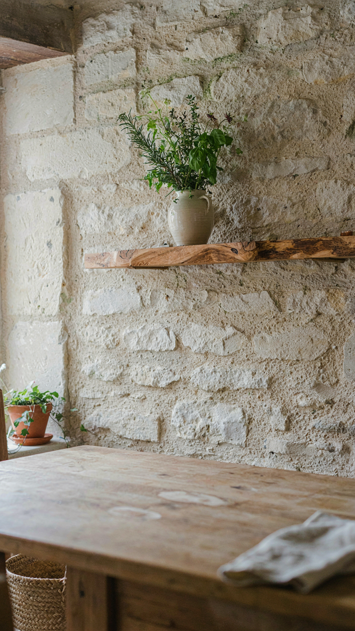 A live edge wooden shelf with fresh herbs in a rustic french country dining room.