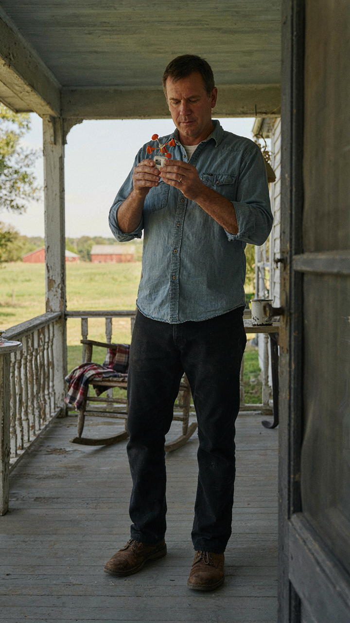 Person measures airflow on a wide southern farmhouse porch with an anemometer.