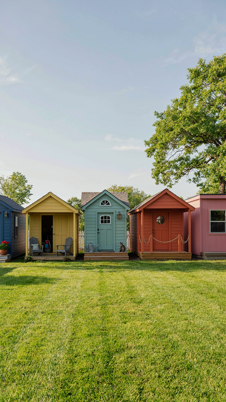 A row of colorful she sheds with porches in a sunny backyard.