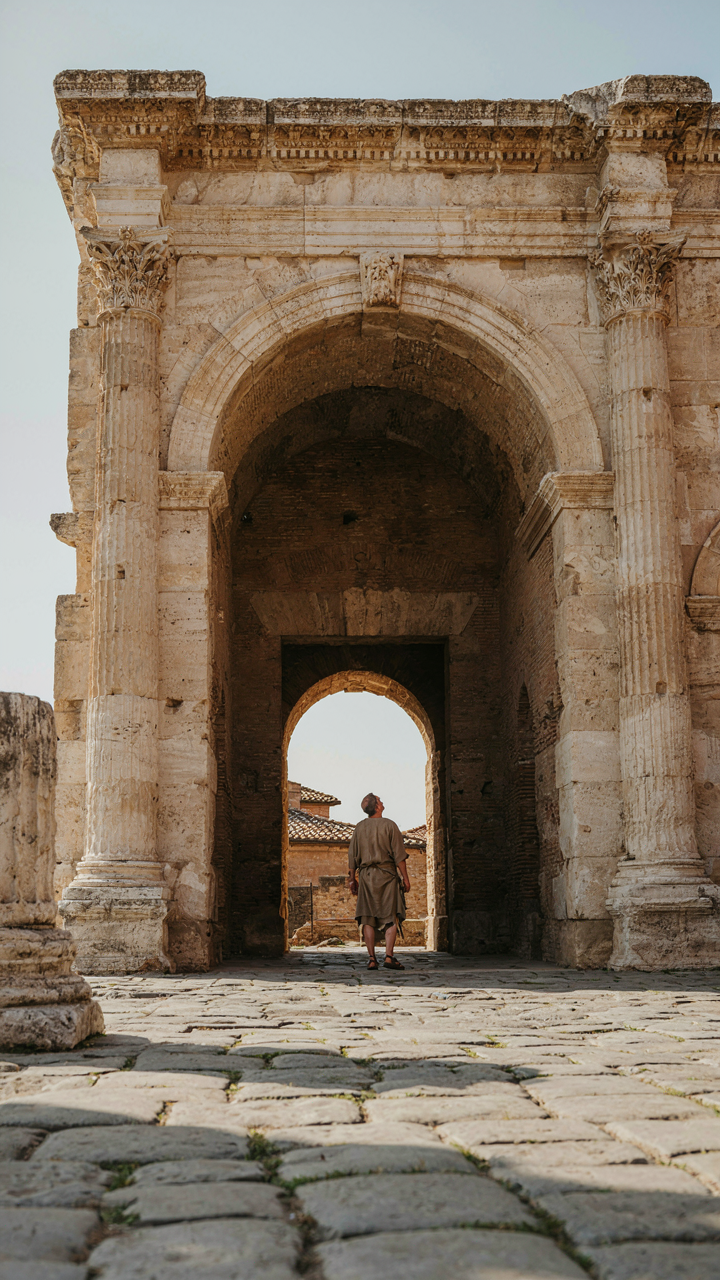 A grand arched doorway of an ancient Roman building.