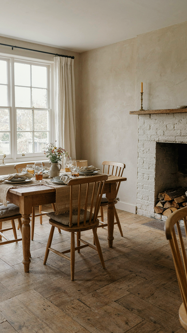 A timeless Joanna Gaines dining room with a solid oak table and neutral walls.