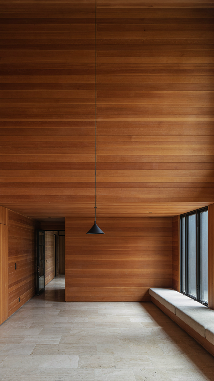 An uncluttered prairie style living room with strong horizontal wood lines.