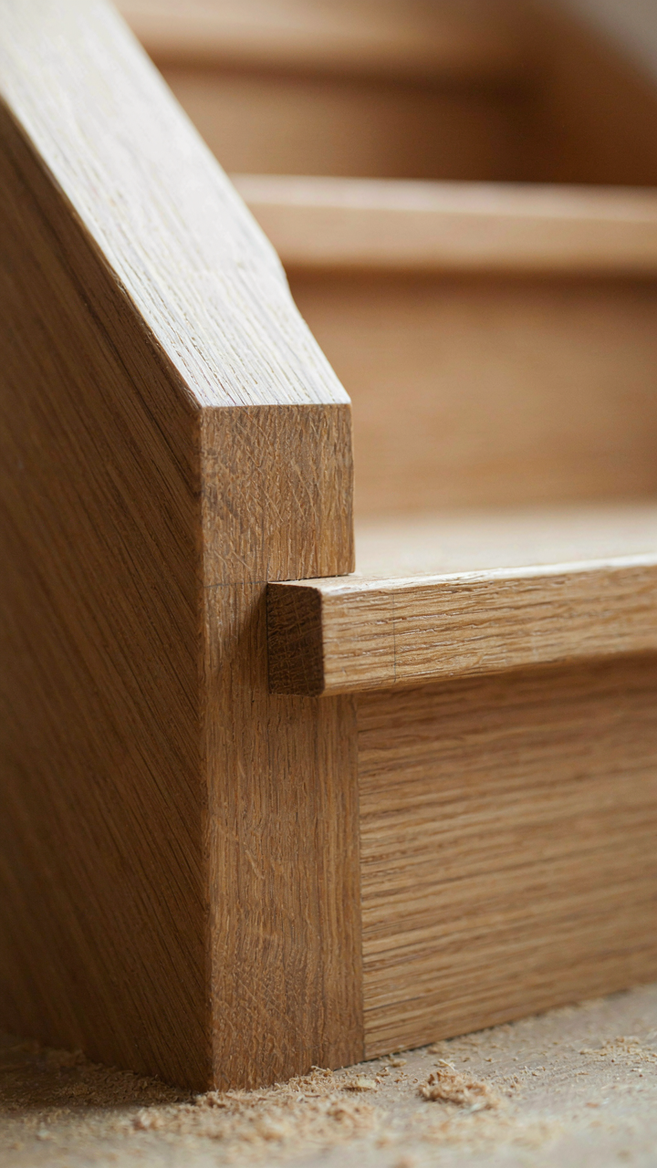 A close-up of a mortise and tenon joint in a rustic staircase.