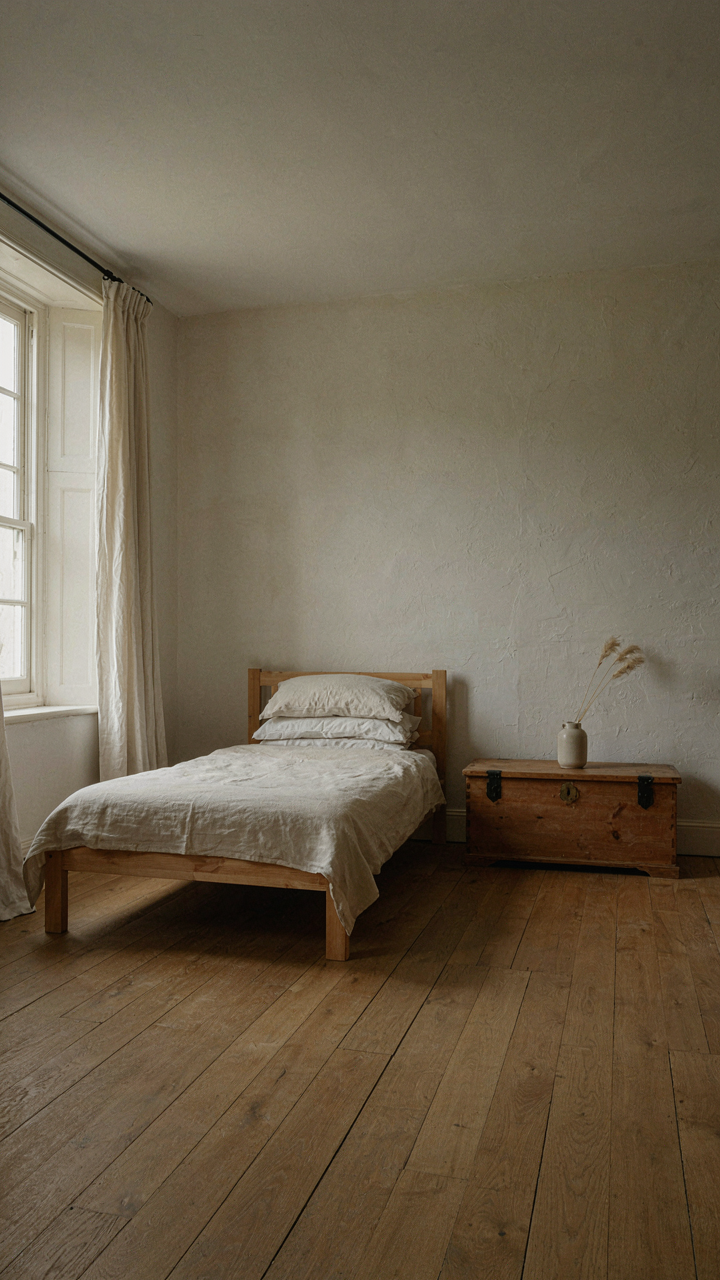 A sparse english cottage bedroom with only a bed and a wooden chest.