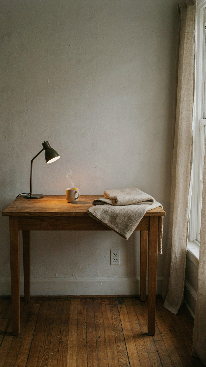 A wooden desk faces a plain wall inside a small backyard cabin.