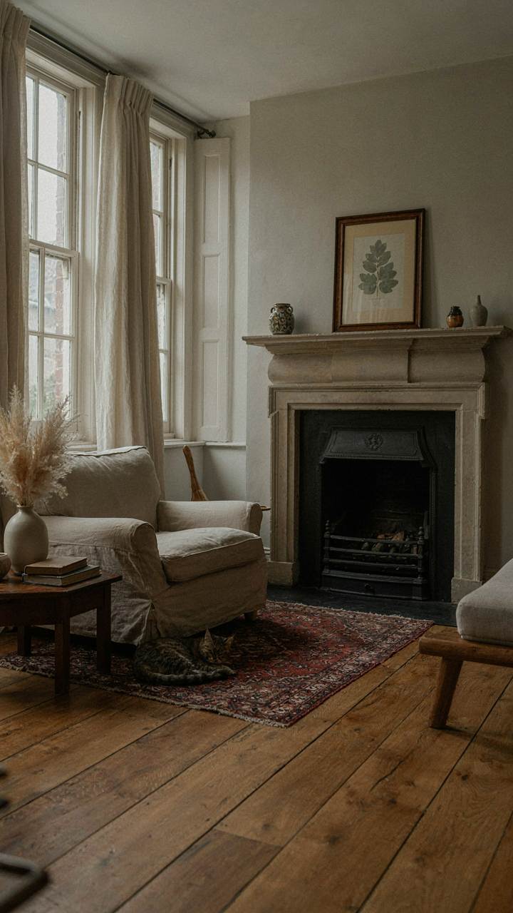 Classical fireplace hearth in a Georgian living room, positioned off-center for balance.
