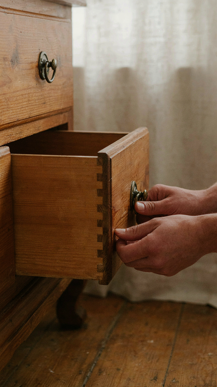 Hands examine the dovetail joints and original hardware on an antique wooden dresser drawer.