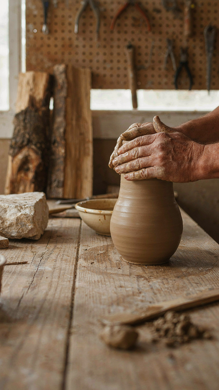 A craftsman's hands shaping clay, surrounded by raw natural materials.