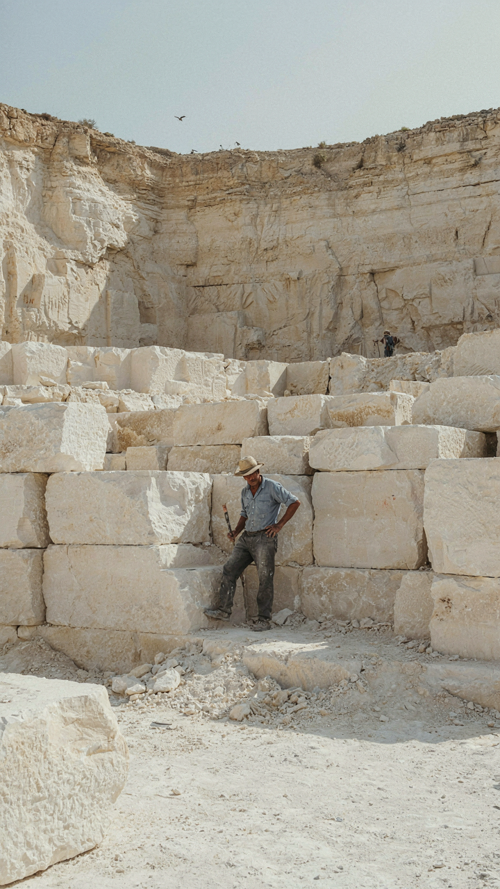 A large quarry with massive blocks of cut limestone under bright sunlight.