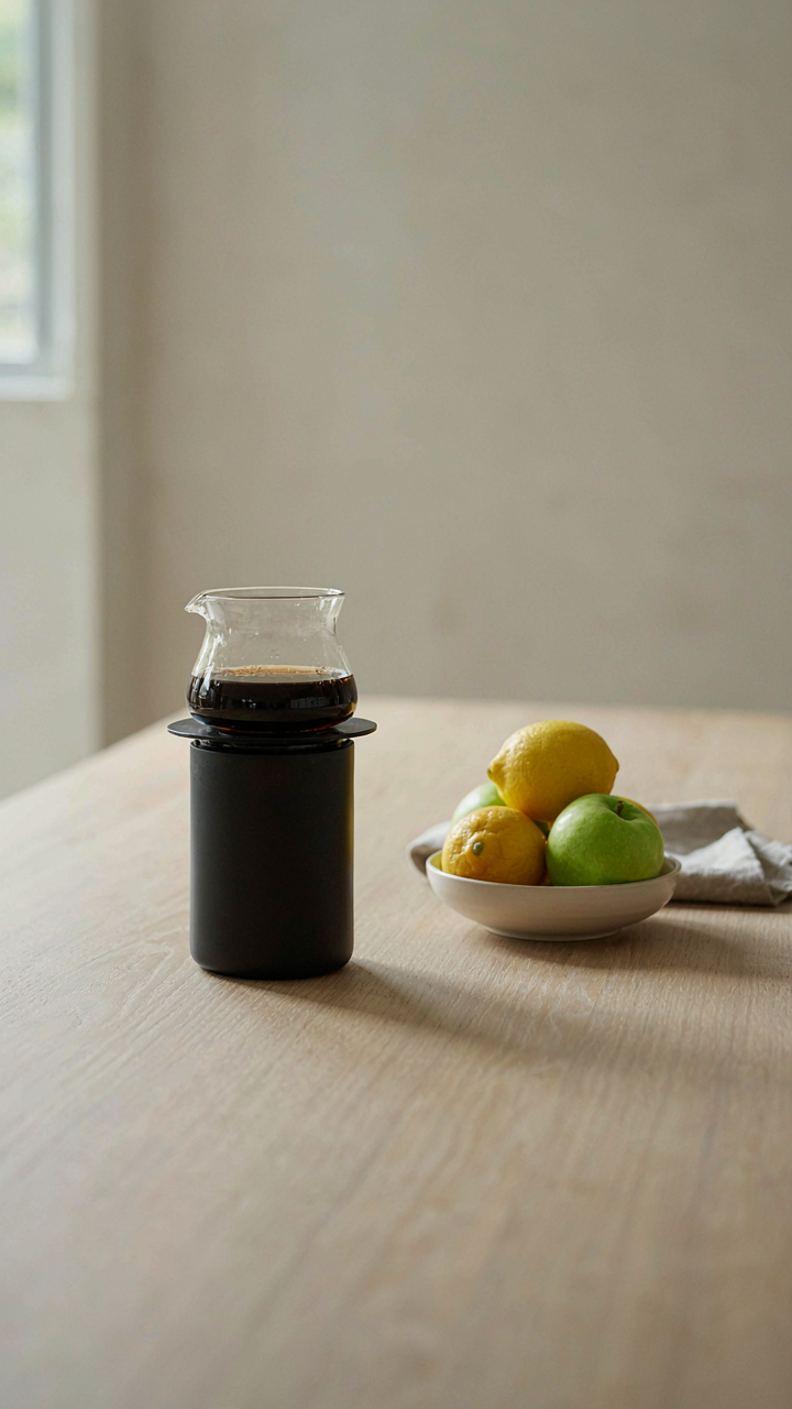 A minimalist kitchen counter with only essential items, a coffee maker and fruit.