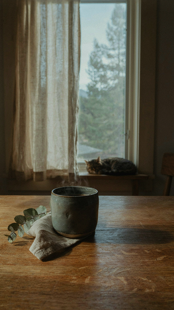 A single ceramic mug sits on a clean wooden desk in a one room cabin.