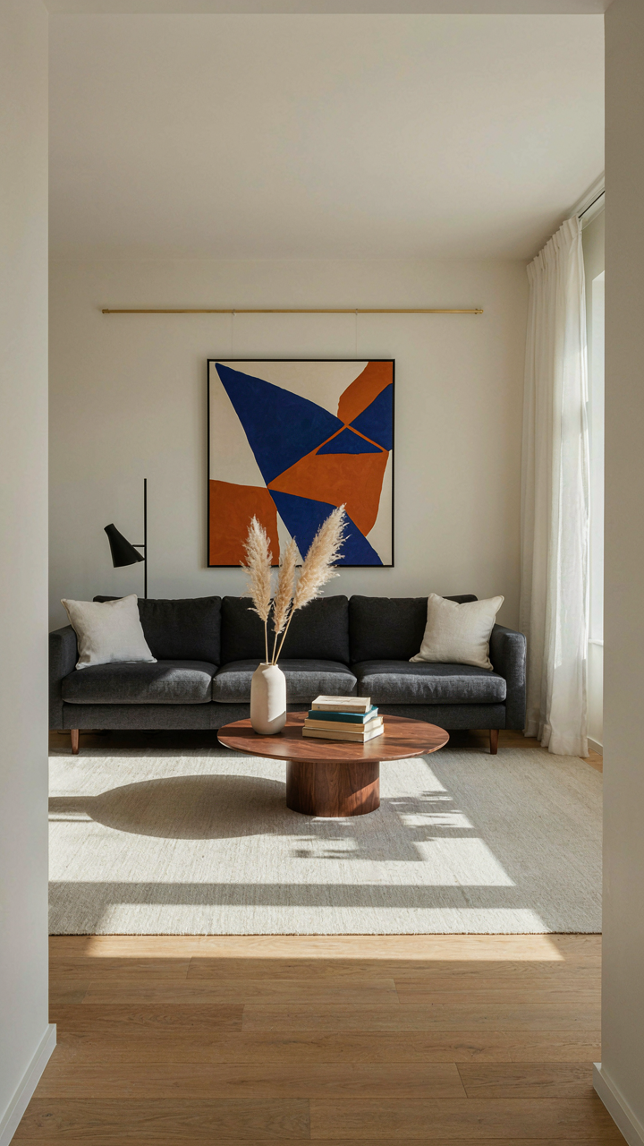 A floor lamp behind an armchair casts a shadow on a textured wall.