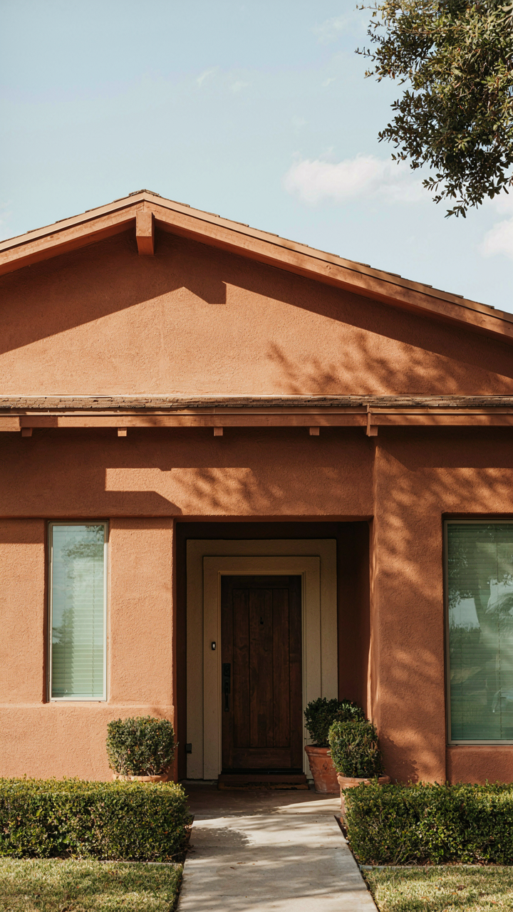 A warm terracotta ranch house exterior with deep eaves looks grounded and inviting.