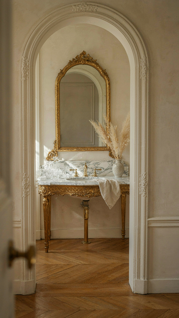 A narrow entry opens to a grand marble vanity in a chateau style bathroom.