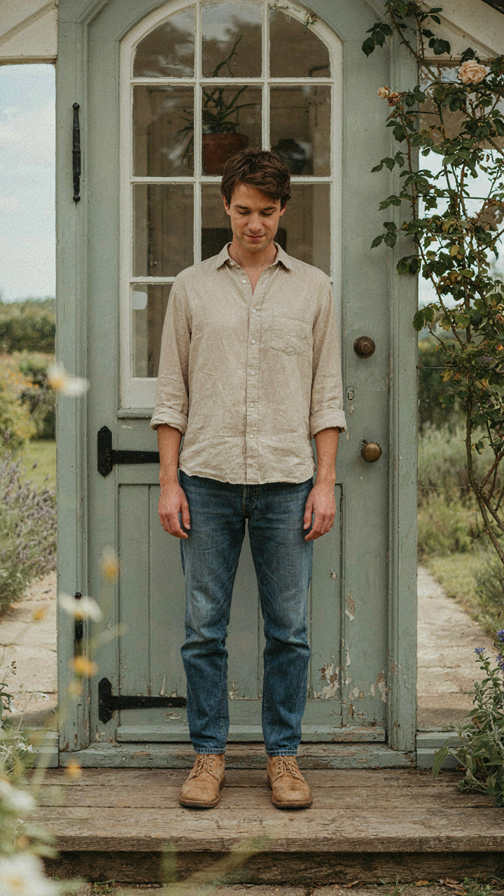 A person standing calmly at a weathered sage green cottage front door.