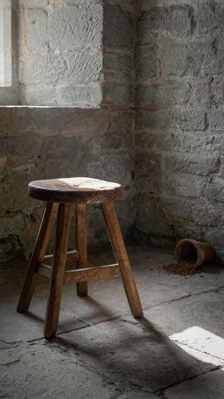 An ancient, worn wooden stool sits in a quiet room with stone walls.