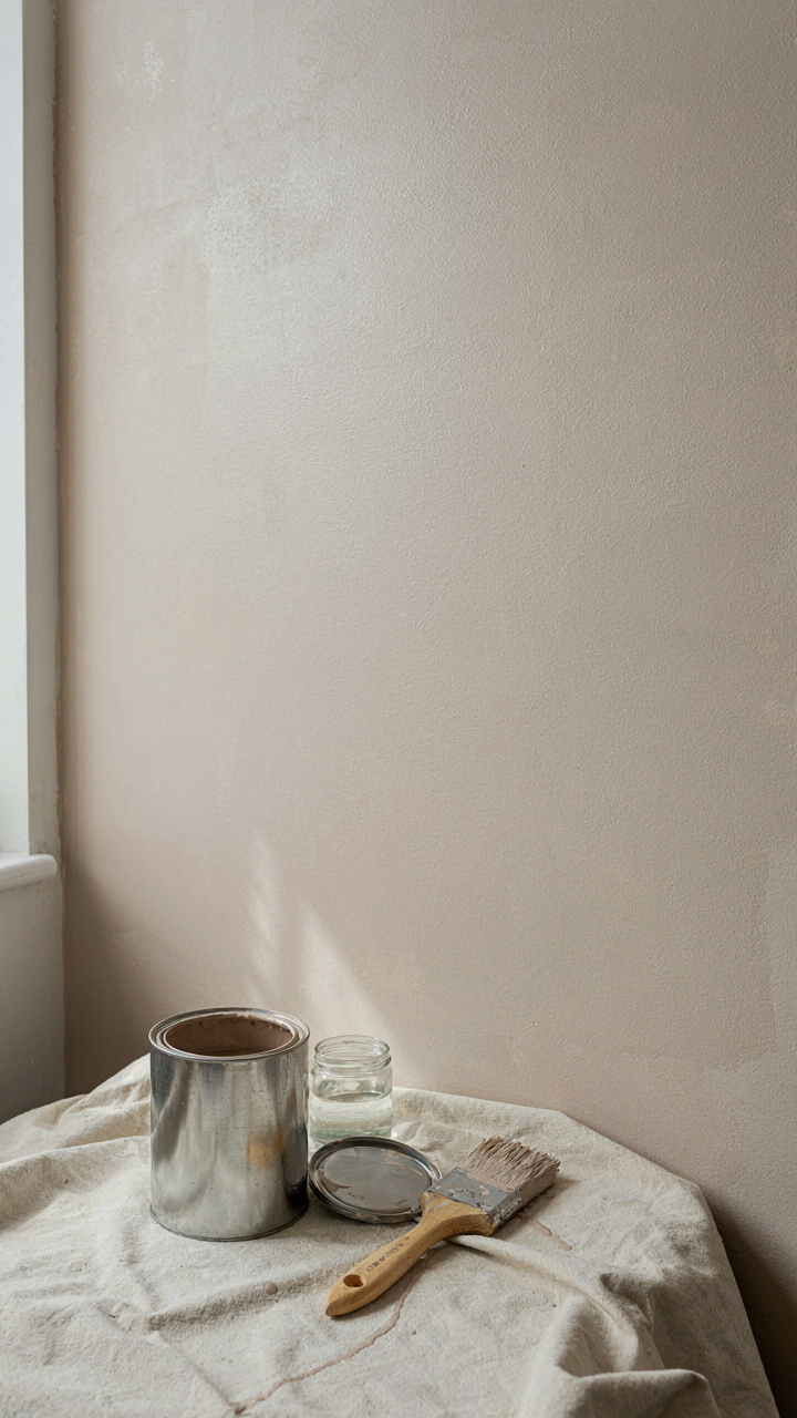 One wall in a room painted with a warm neutral color, with paint supplies nearby.