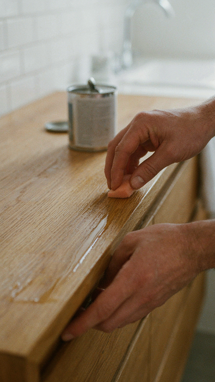 A hand applies a thin coat of sealant to a teak wood bathroom vanity top.