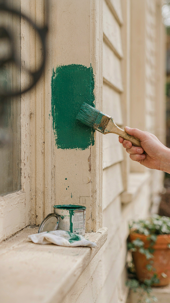 A hand paints a green accent on a wall in a Victorian cottage.