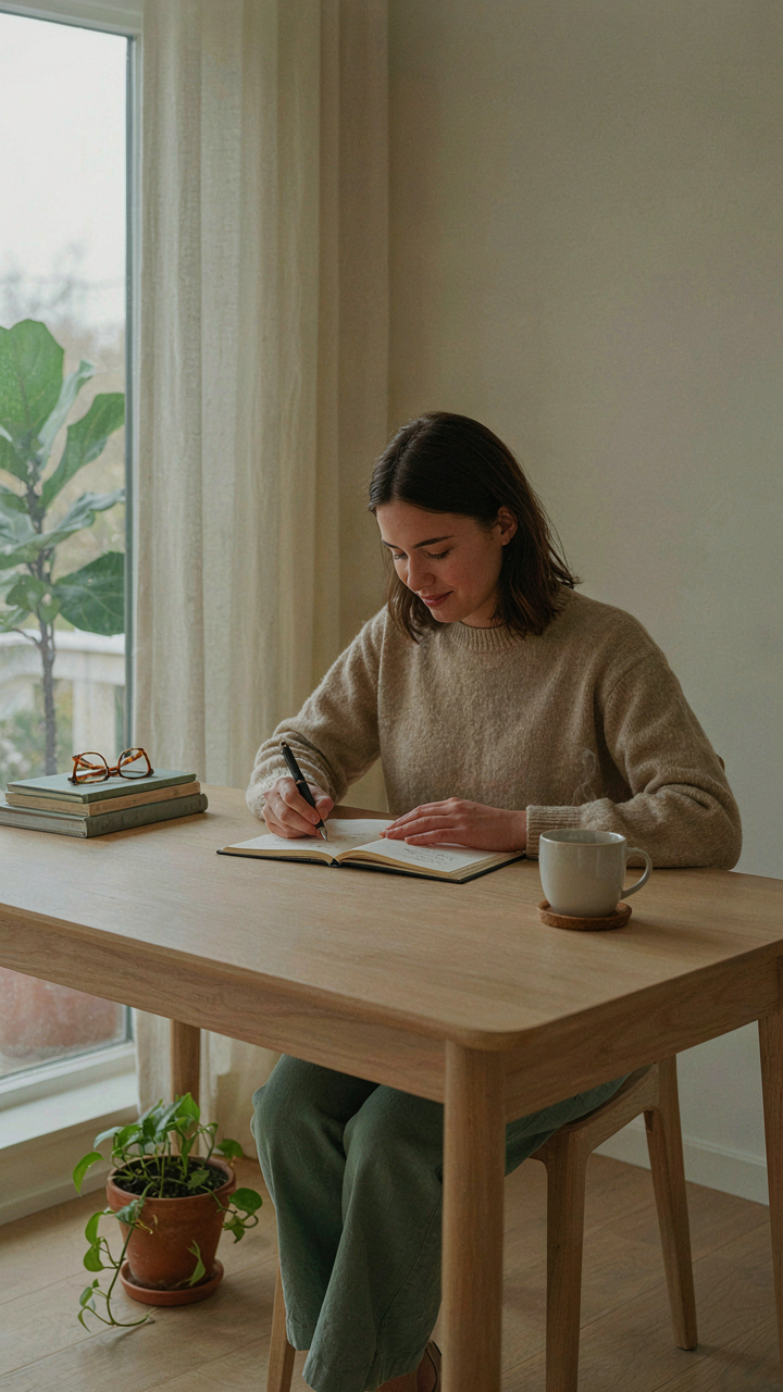 A person journals about their daily routine in a minimalist, organized space.