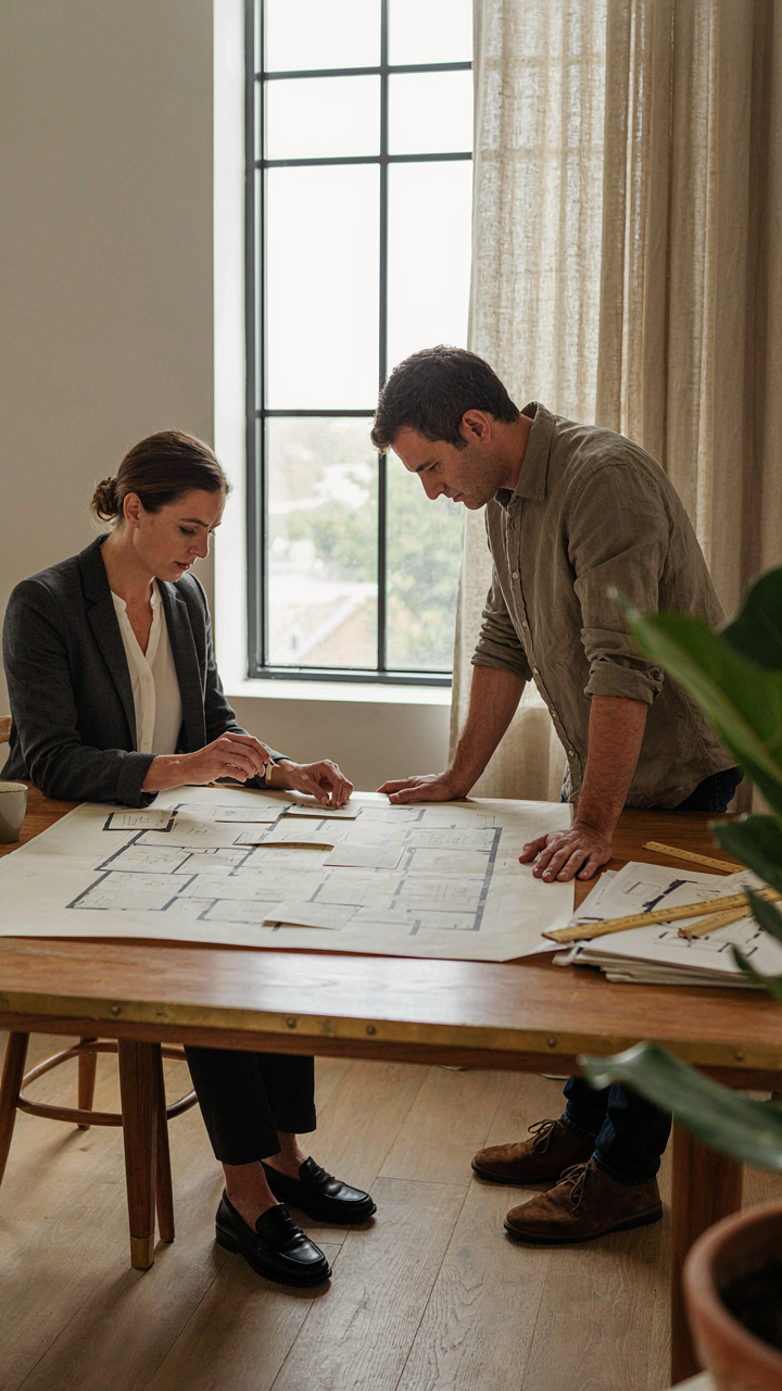 An architect and homeowner working on a flexible, modular home blueprint.