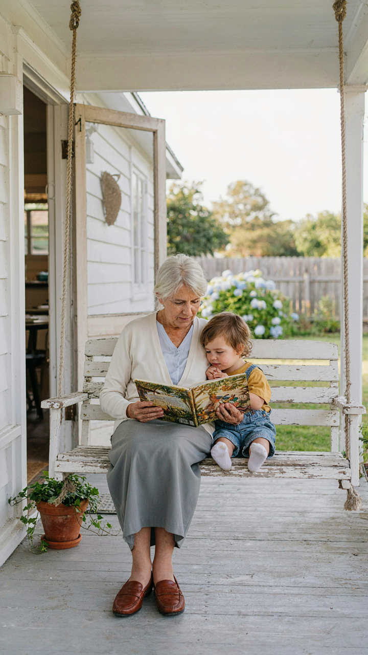 A grandparent reads to a child on a porch swing of a granny flat.