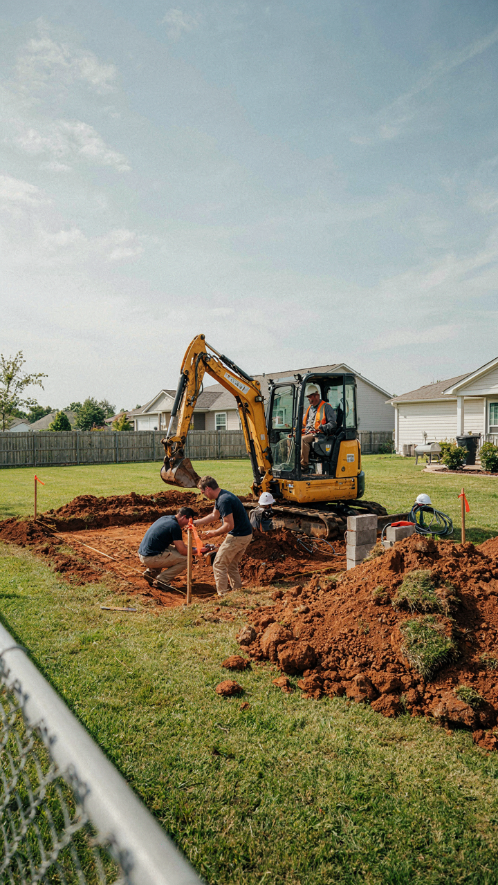 A construction crew begins digging a foundation for a backyard guest house.