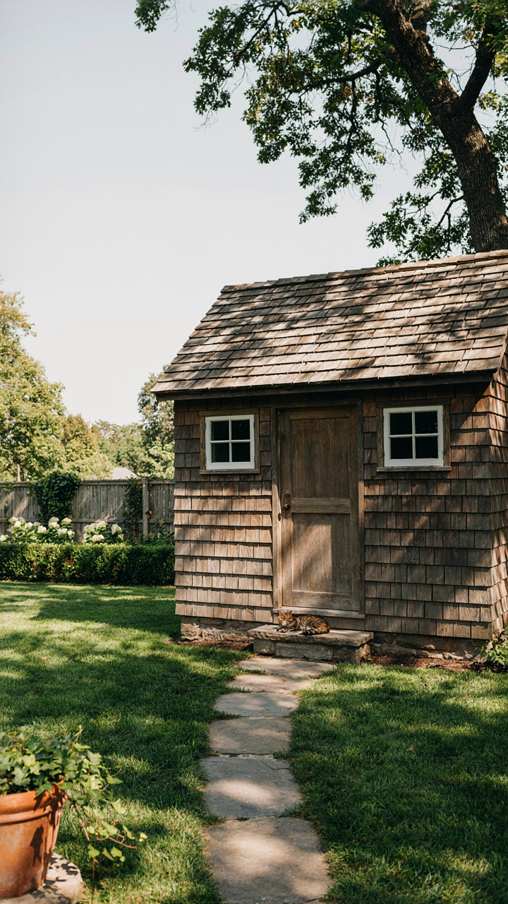 A garden shed with a beautiful cedar shake roof in a green backyard.